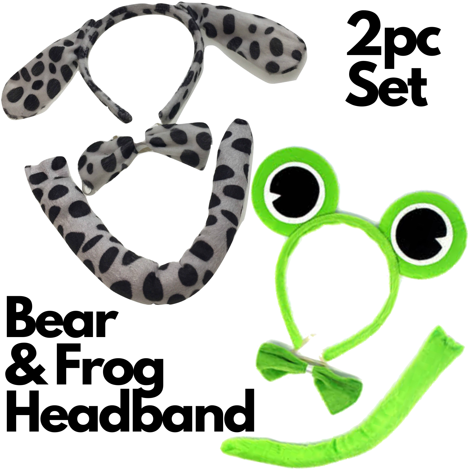 2pc Set Animal Headband w Bow Tail Dog + Frog Ears Hair Costume Halloween Party Price