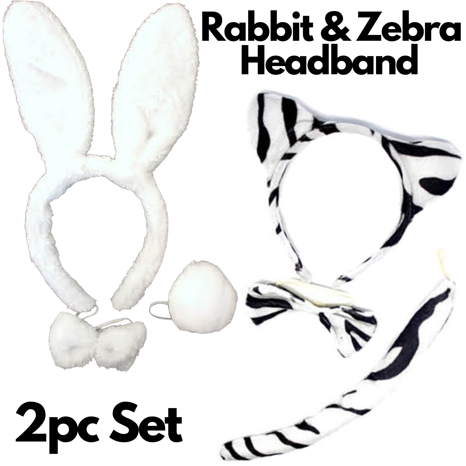 2pc Set Animal Headband w Bow Tail Rabbit + Zebra Ears Costume Halloween Party Price