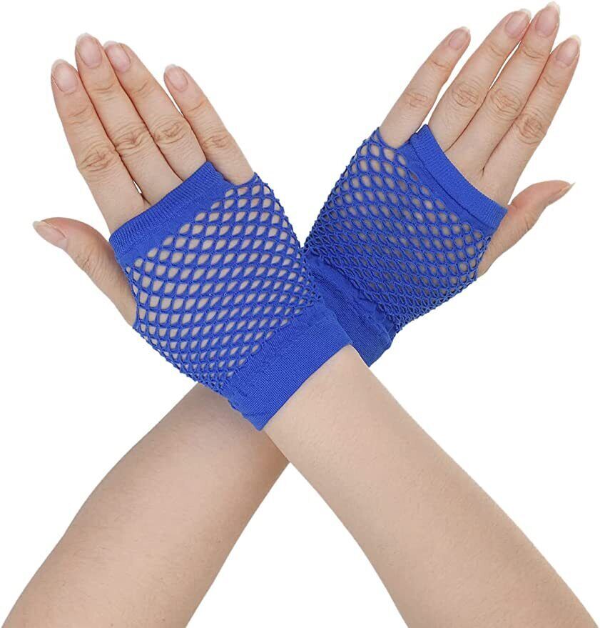 1 Pair Fishnet Gloves Fingerless Wrist Length 70s 80s Costume Party Dance - Blue Price
