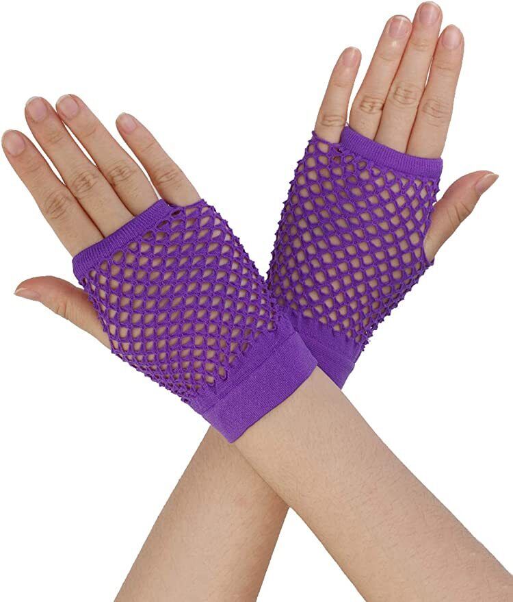 1 Pair Fishnet Gloves Fingerless Wrist Length 70s 80s Costume Party - Purple Price