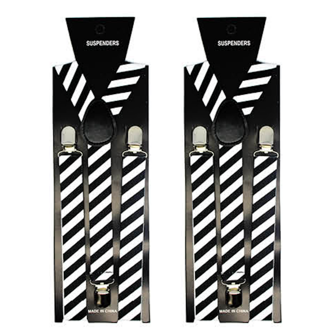 2x Mens Suspenders Braces Adjustable Strong Clip On Elastic Formal Wedding Slim - Black/White Diagonal Stripes Price