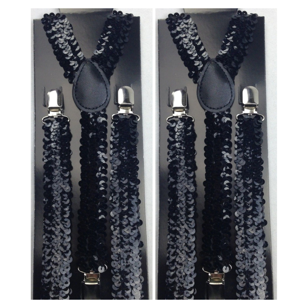 2x Mens Suspenders Braces Adjustable Strong Clip On Elastic Formal Wedding Slim - Black (Sequin) Price