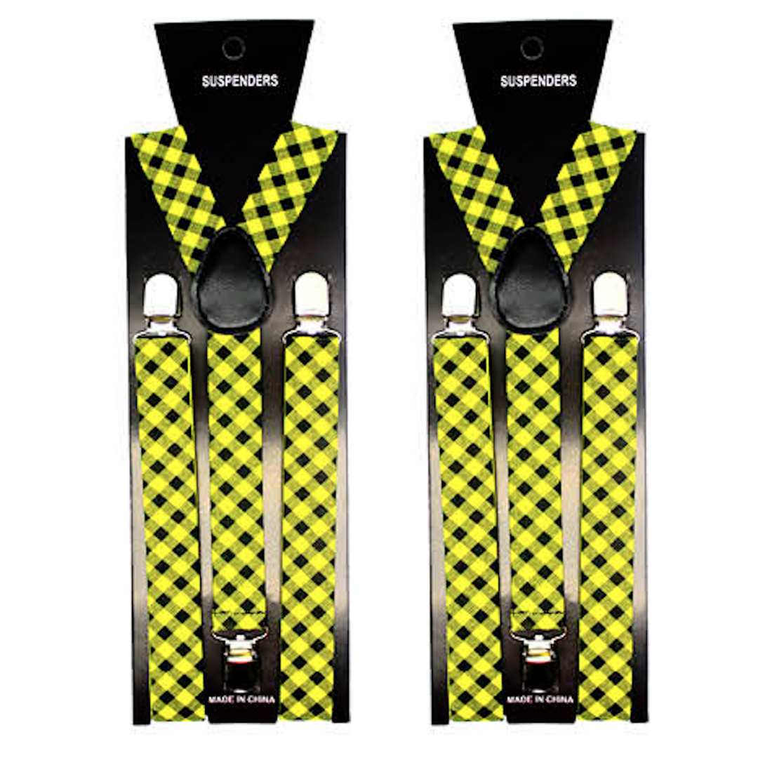 2x Mens Suspenders Braces Adjustable Strong Clip On Elastic Formal Wedding Slim - Black/Yellow Check Price