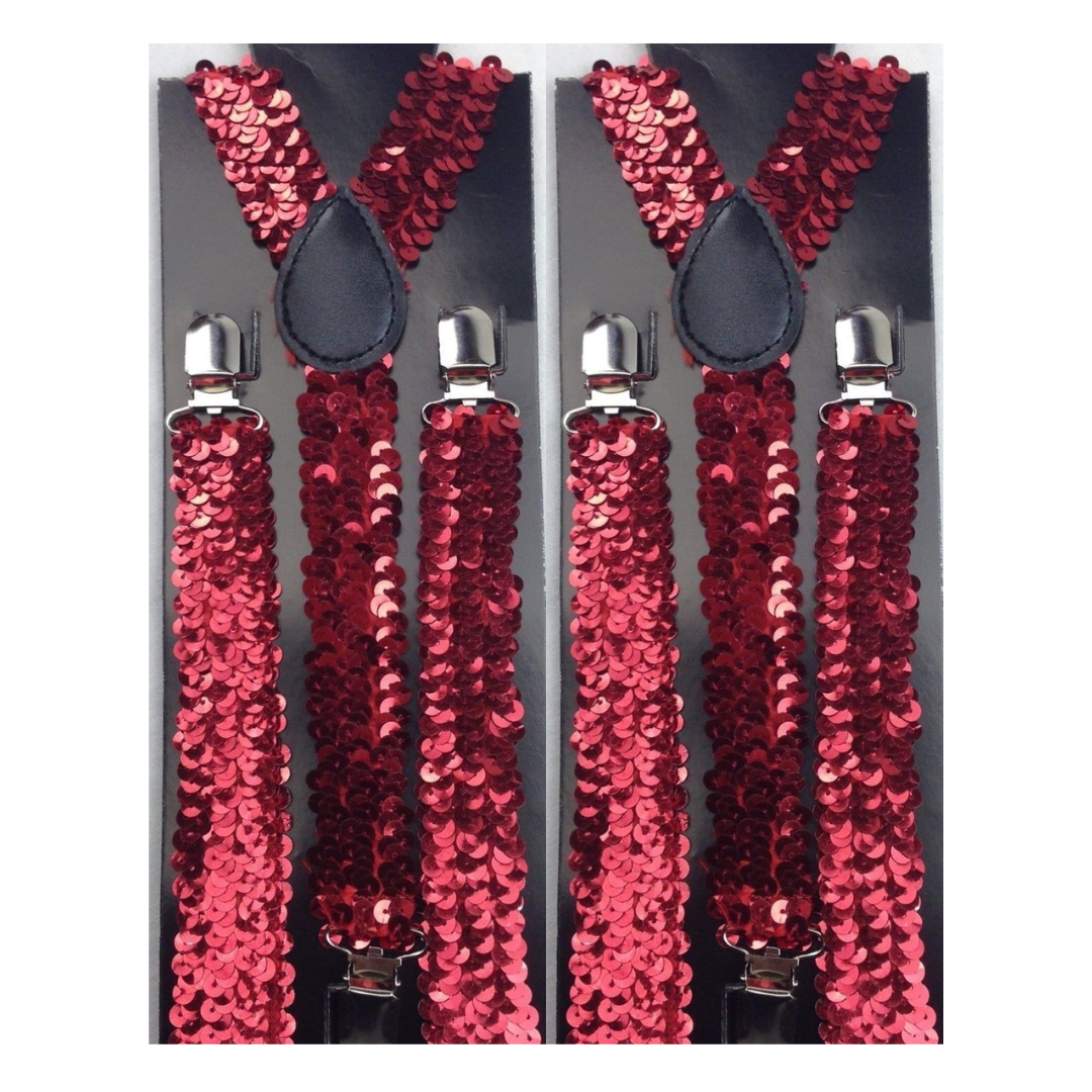 2x Mens Suspenders Braces Adjustable Strong Clip On Elastic Formal Wedding Slim - Red (Sequin) Price