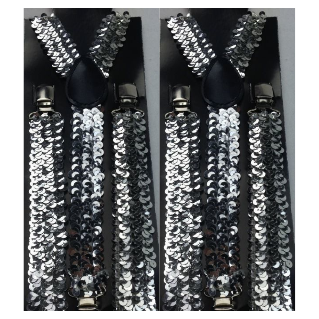 2x Mens Suspenders Braces Adjustable Strong Clip On Elastic Formal Wedding Slim - Silver (Sequin) Price