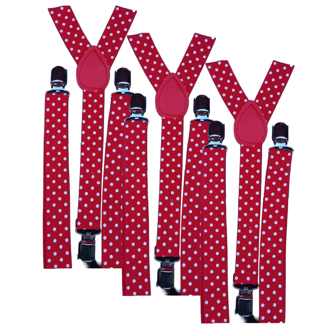 3x Mens Suspenders Braces Adjustable Strong Clip On Elastic Formal Wedding Slim - Red with White Polka Dot Price