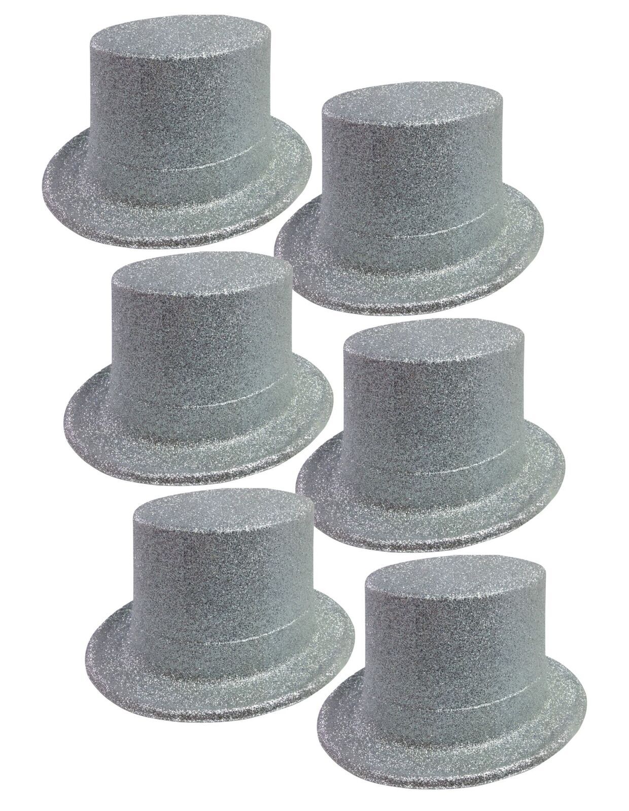 6x GLITTER TOP HAT Fancy Party Plastic Costume Tall Cap Fun Dress Up BULK - Silver - One Size Price