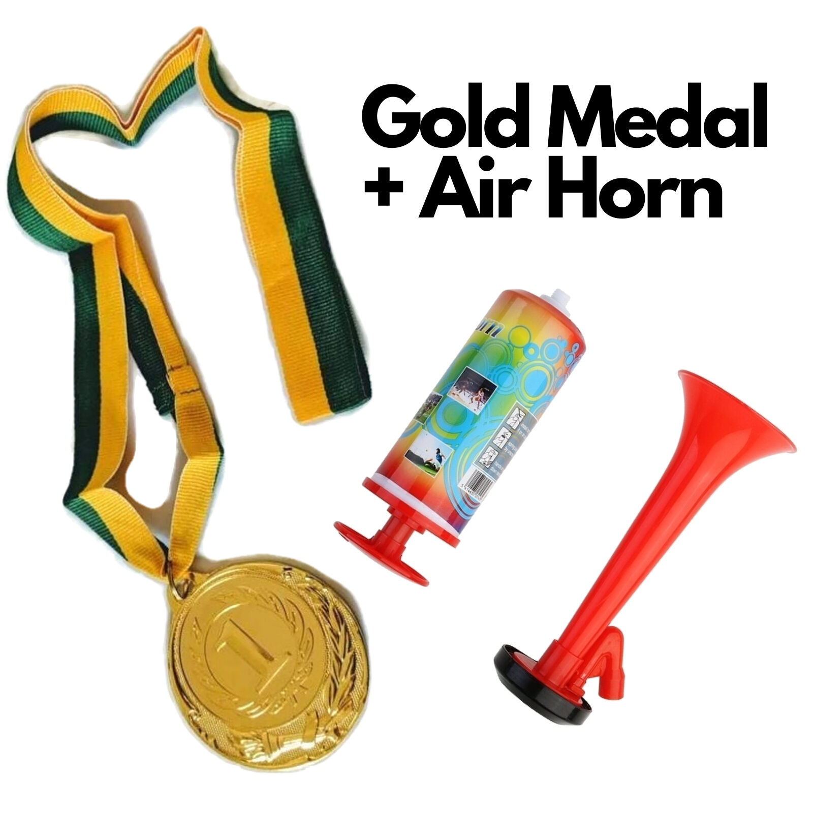 1st Gold Medal Winner + Air Horn Party Set School Sports Day Olympics Ribbon Price