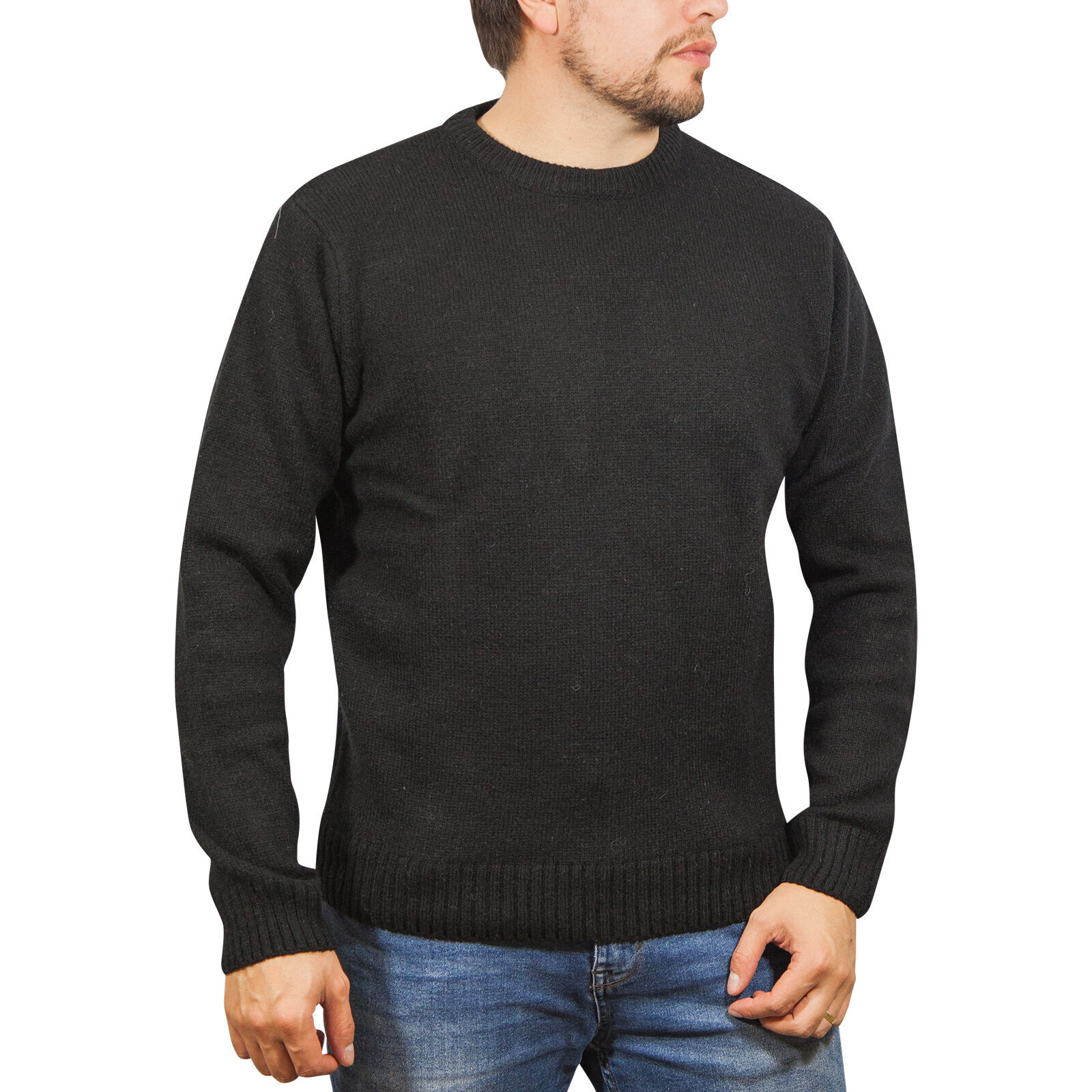 100% SHETLAND WOOL CREW Round Neck Knit JUMPER Pullover Mens Sweater Knitted - Plain Black - 6XL Price