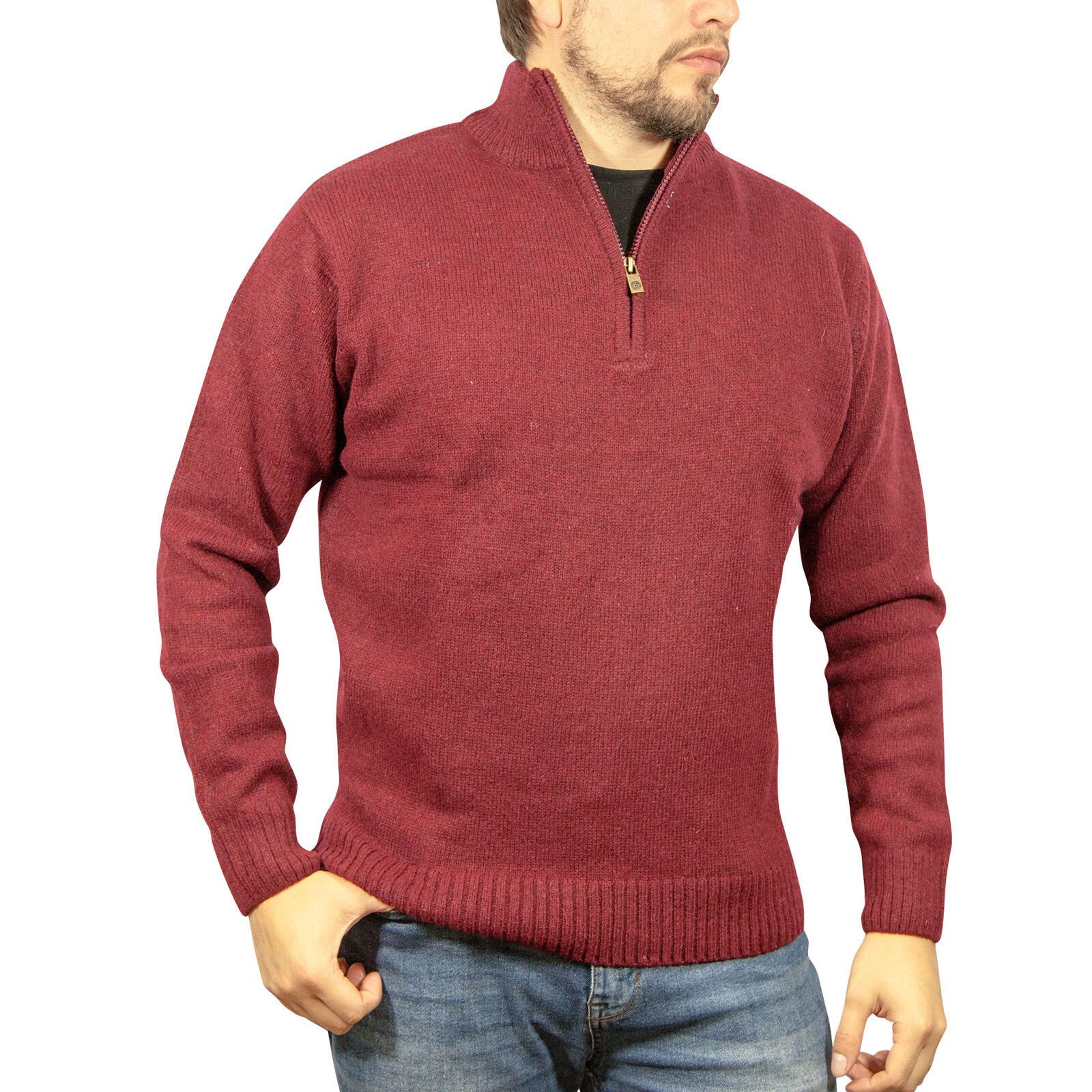 100% SHETLAND WOOL Half Zip Up Knit JUMPER Pullover Mens Sweater Knitted - Burgundy (97) - XL Price