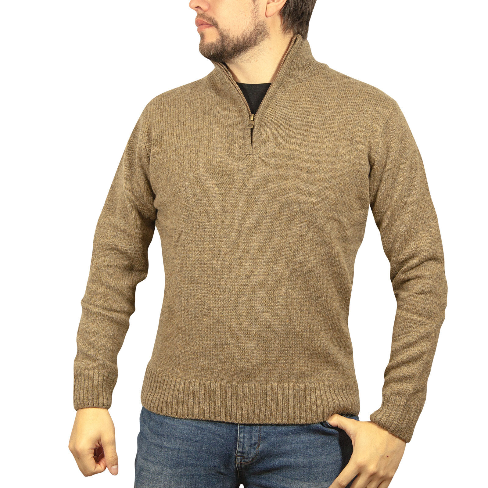 100% SHETLAND WOOL Half Zip Up Knit JUMPER Pullover Mens Sweater Knitted - Nutmeg (23) - M Price