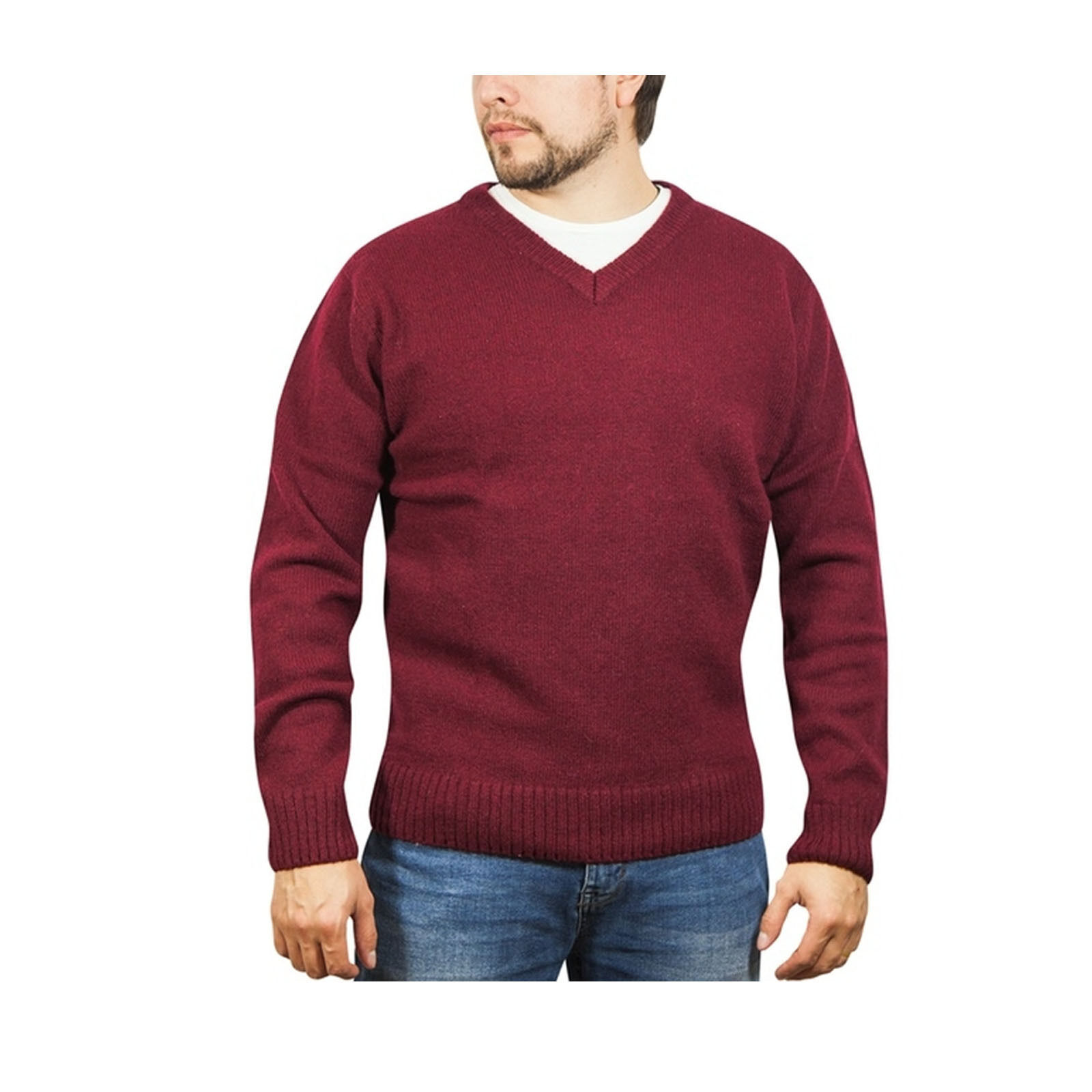 100% Shetland Wool V Neck Knit Jumper Pullover Mens Sweater Knitted - Burgundy (97) - 3XL Price