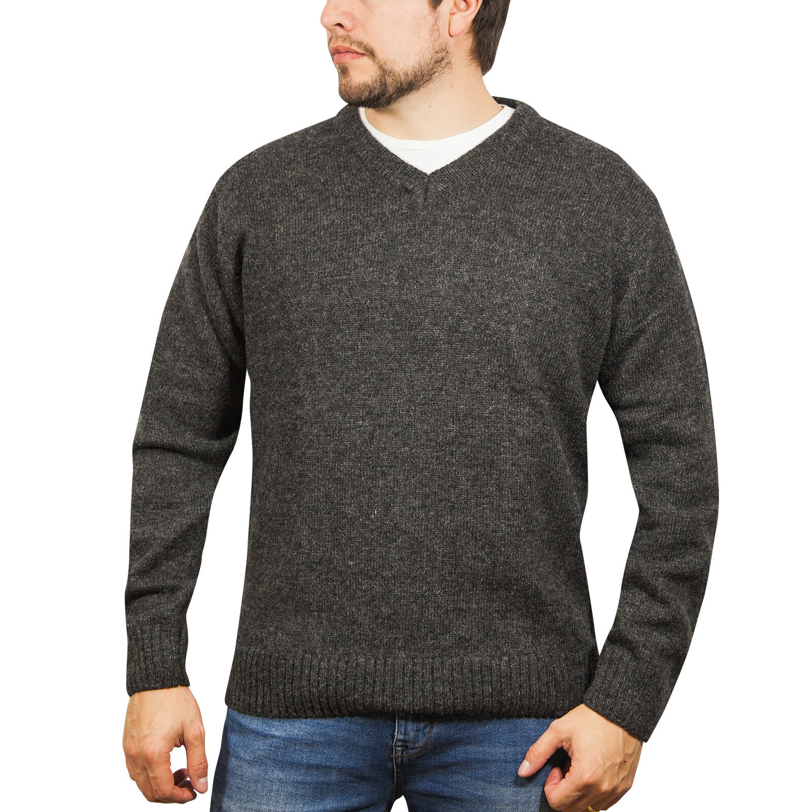 100% Shetland Wool V Neck Knit Jumper Pullover Mens Sweater Knitted - Charcoal (29) - 5XL Price