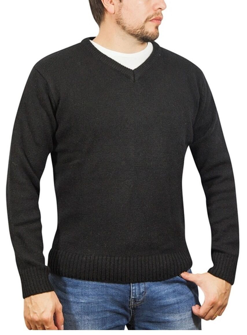 100% Shetland Wool V Neck Knit Jumper Pullover Mens Sweater Knitted - Plain Black - XXL Price