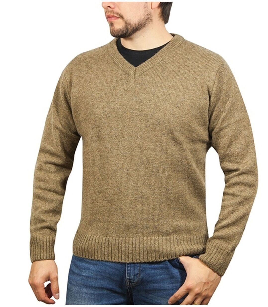 100% Shetland Wool V Neck Knit Jumper Pullover Mens Sweater Knitted - Nutmeg (23) - 4XL Price