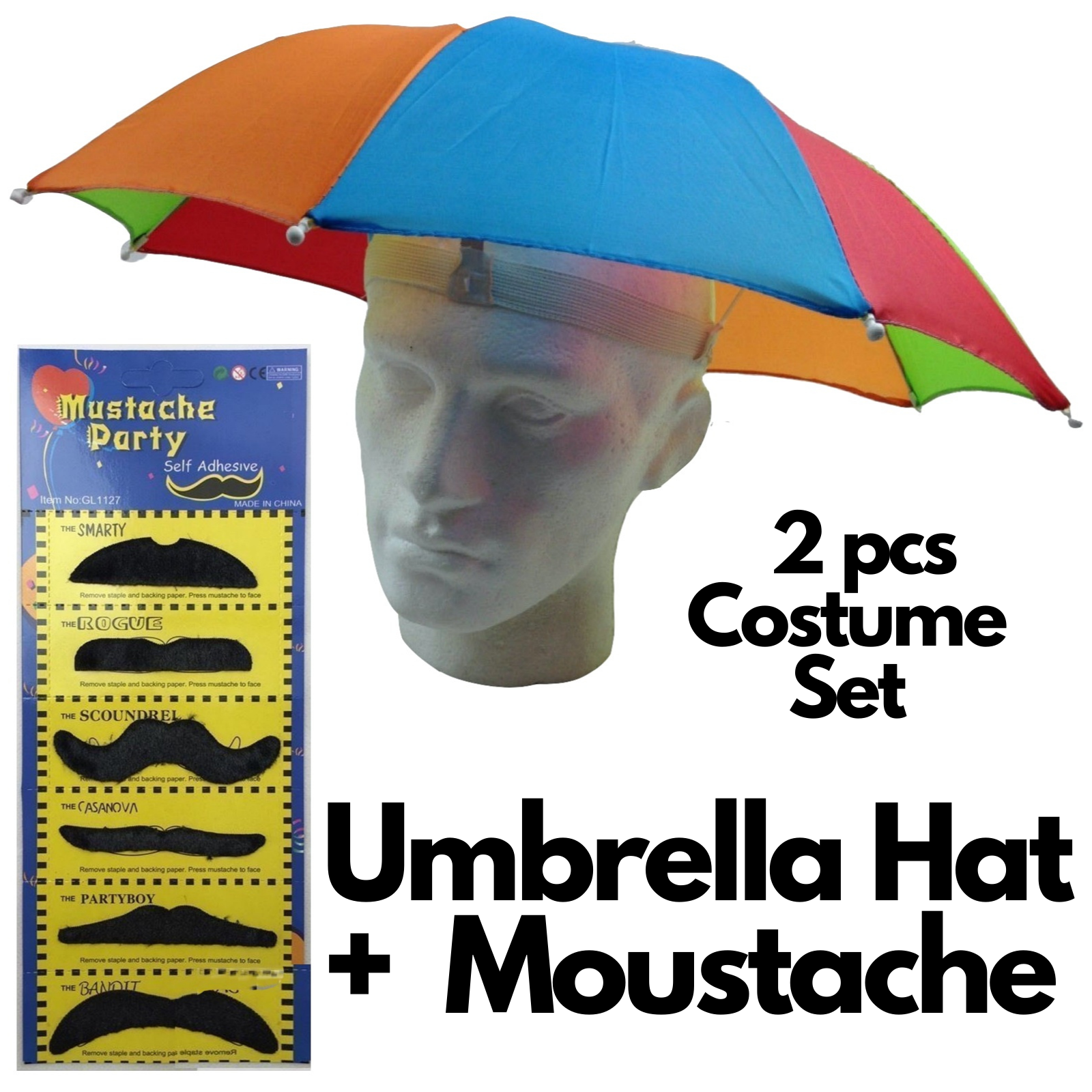2pcs Set Rainbow Umbrella Hat + 70s Fake Moustache Costume Props Novelty Fancy Price