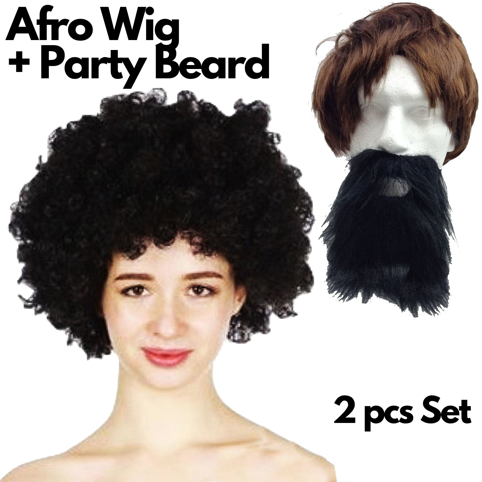 2pc Set Black Jumbo Afro Wig + Party Beard Moustache Costume Fancy Dress Fake Hair Price