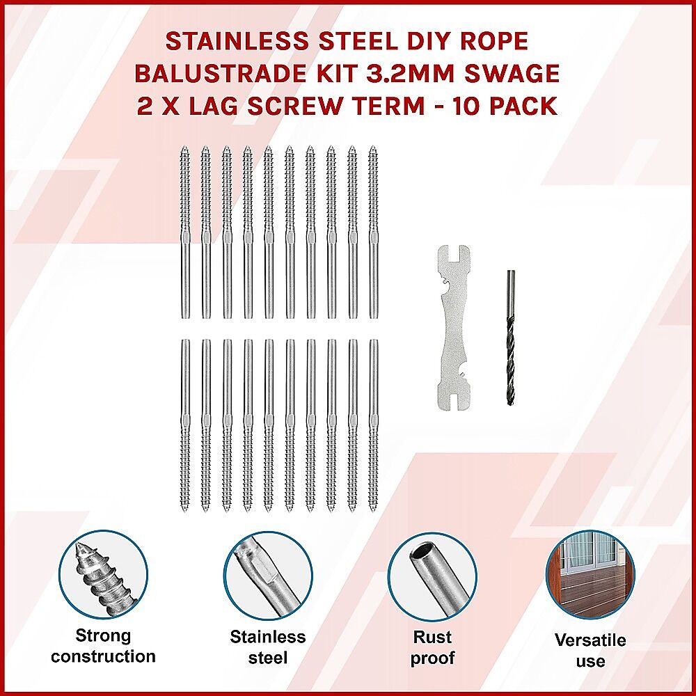 Stainless Steel DIY Rope Balustrade Kit 3.2mm Swage 2 x Lag Screw Term - 10 pack Price