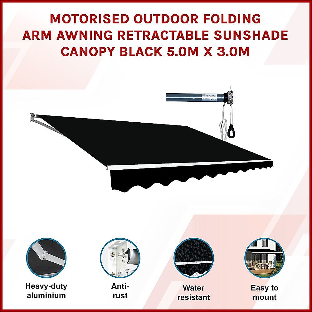 Motorised Outdoor Folding Arm Awning Retractable Sunshade Canopy Black 5.0m x 3.0m Price