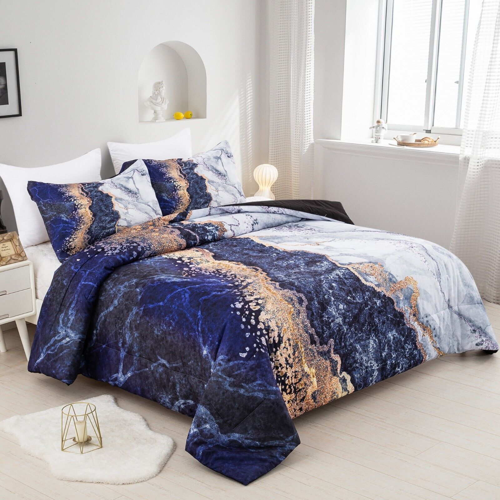 Blue Marble Comforter Set, King Size, Retro Watercolor 3-Piece Bedding Ensemble Price
