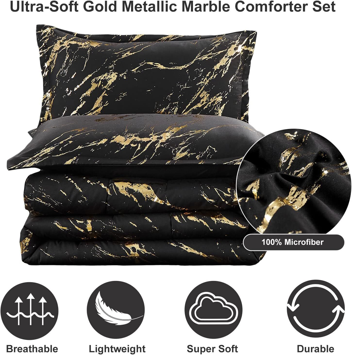 Black Gold Metallic Marble Comforter Set, Queen Size, Foil Print Glitter 3-Piece Bedding Price