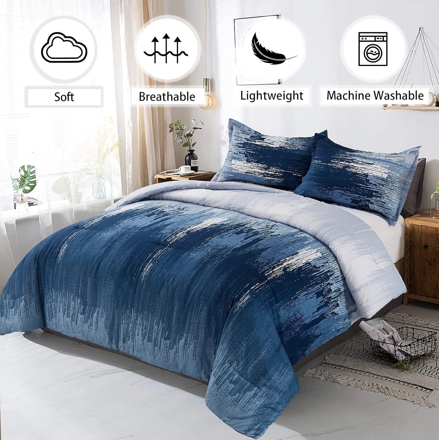 Ombre Blue Comforter Set, King Size, Gradient Blue Grey 3-Piece Boho Bedding Price
