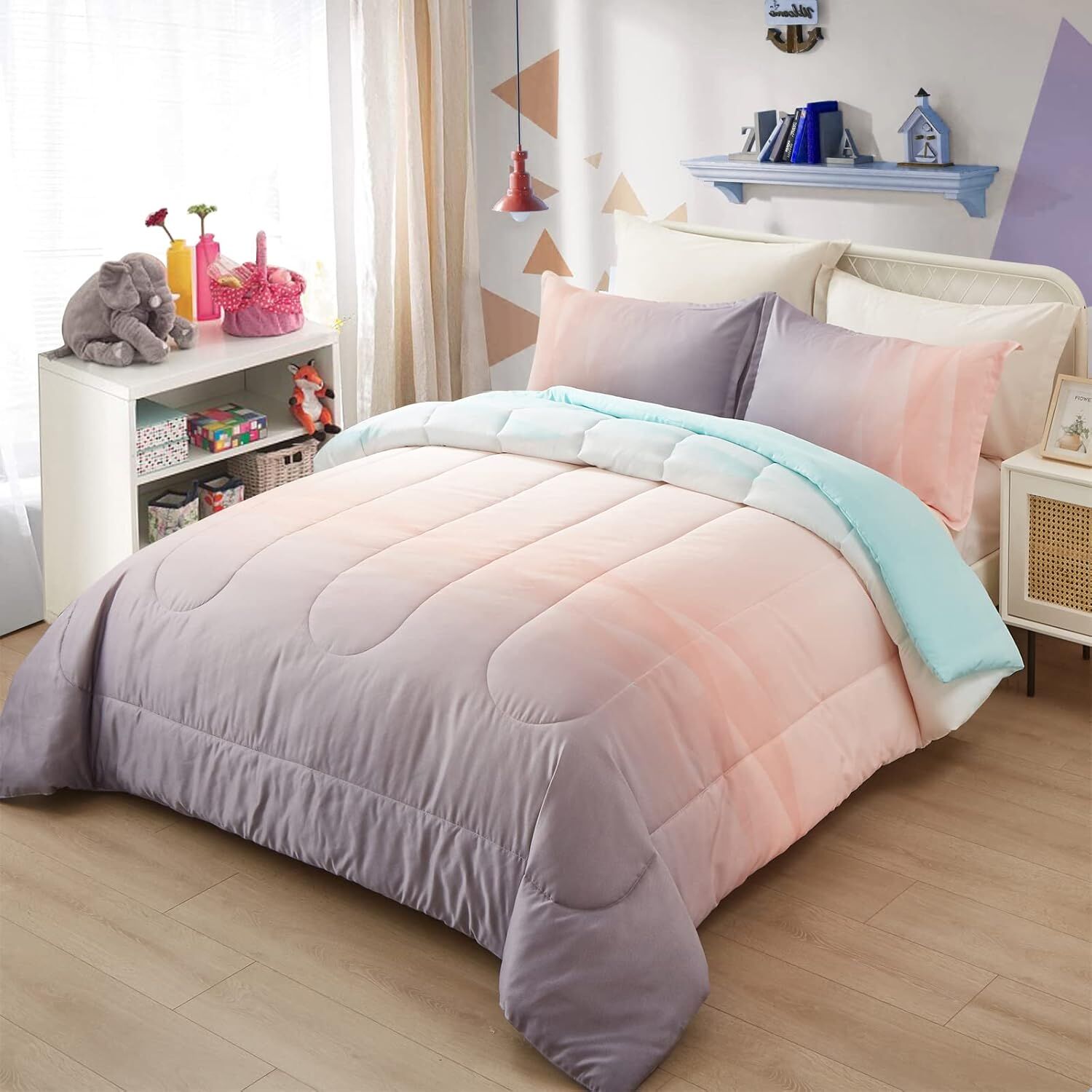Girls Comforter Set, Queen Size, Ombre Blue Pink Rainbow 3-Piece Bedding Collection Price