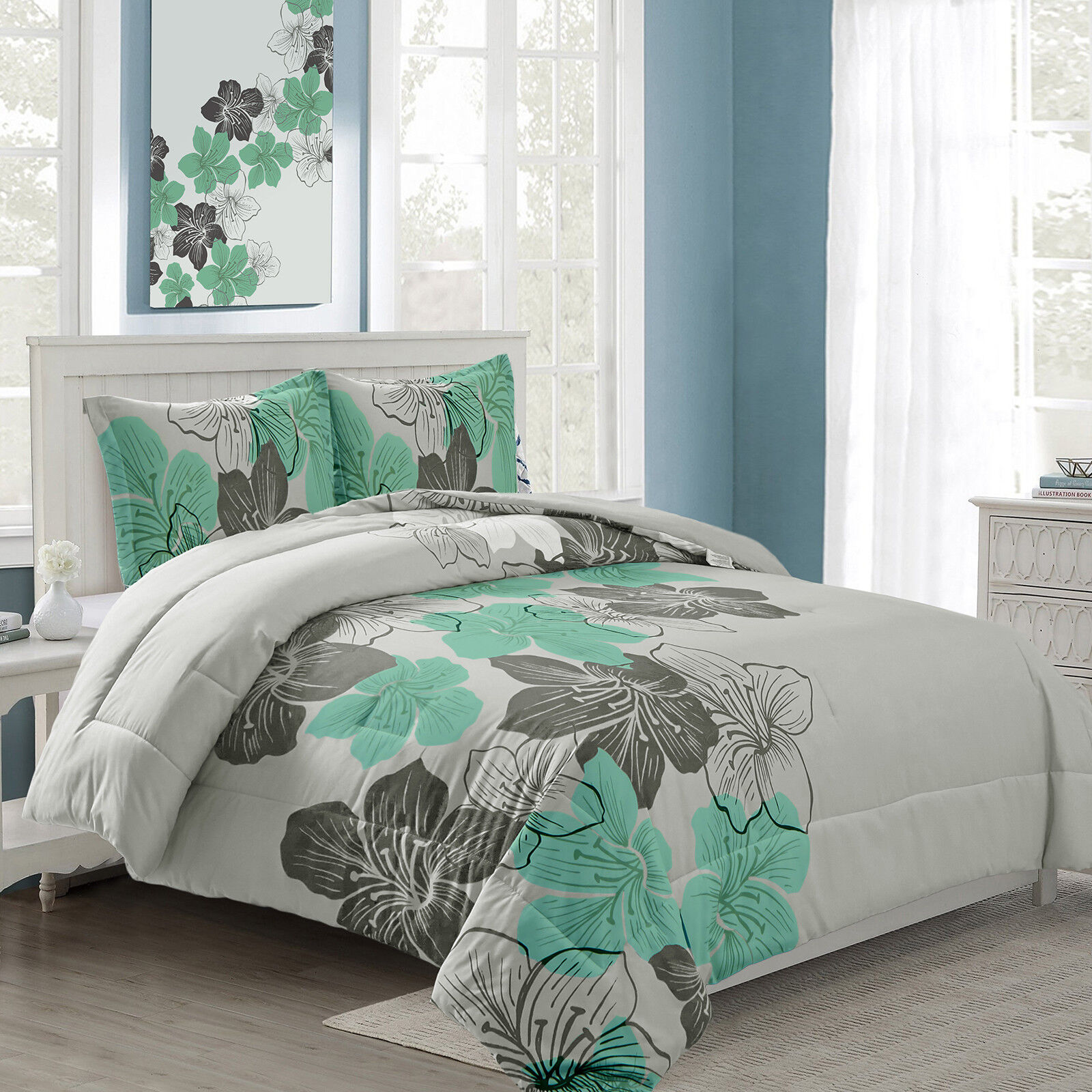 Floral Comforter Set, King Size, Green Floral 3-Piece Bedding, Lightweight Microfiber Price