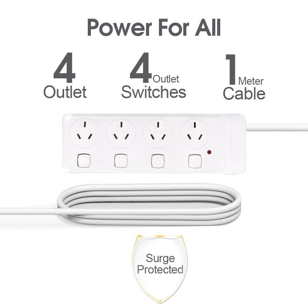 4 Outlet Power Board With Surge Protection with Individual Switches 1M Lead Cable Price