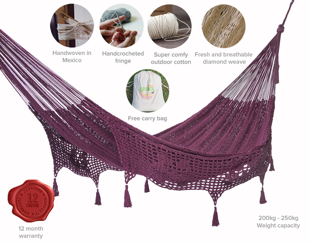 Outdoor undercover cotton Mayan Legacy hammock with hand crocheted tassels Queen Size Maroon Price