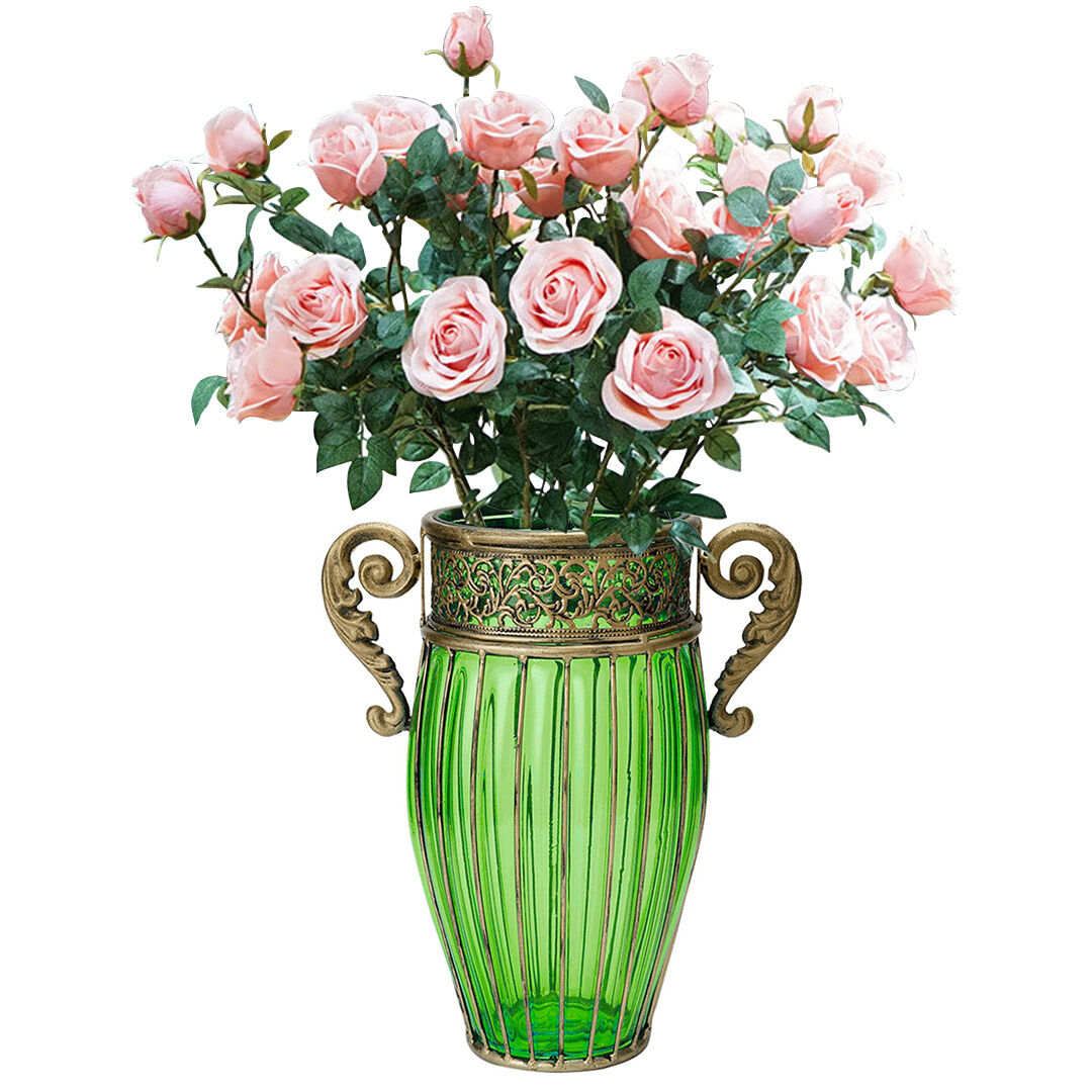 Green Glass Flower Vase with 8 Bunch 5 Heads Artificial Fake Silk Rose Home Decor Set Price