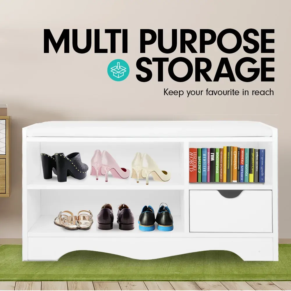 Shoe Rack Cabinet Organiser White Cushion - 80 x 30 x 45cm - White Price
