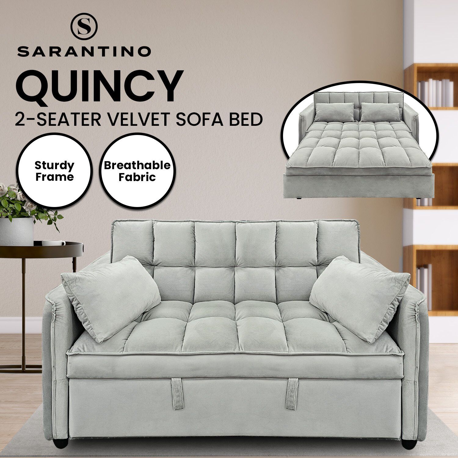 Sarantino Quincy 2-Seater Velvet Sofa Bed in Light Grey with Wooden Frame & Tufted Design Price