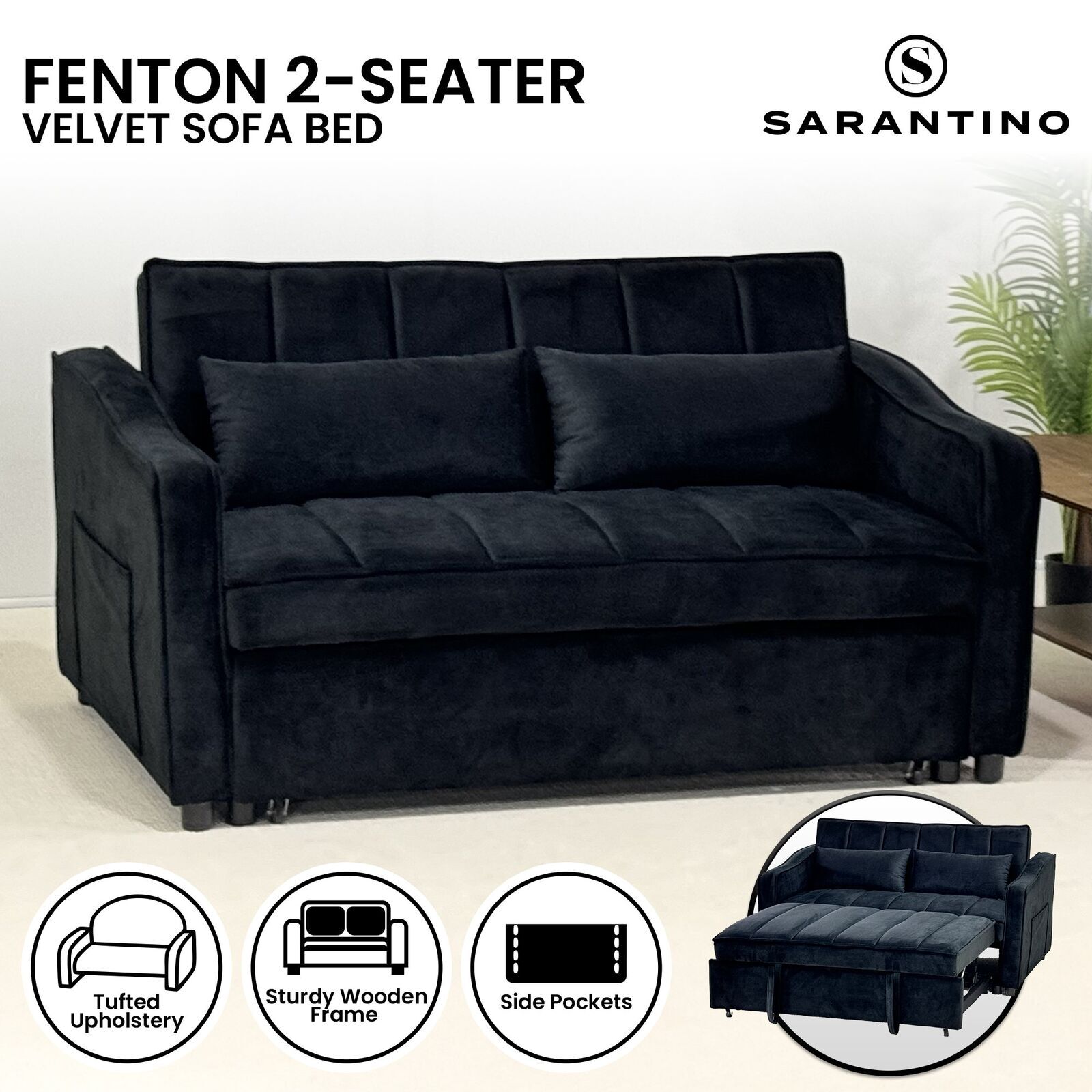 Sarantino Fenton Velvet 2-Seater Sofa Bed - Black Price