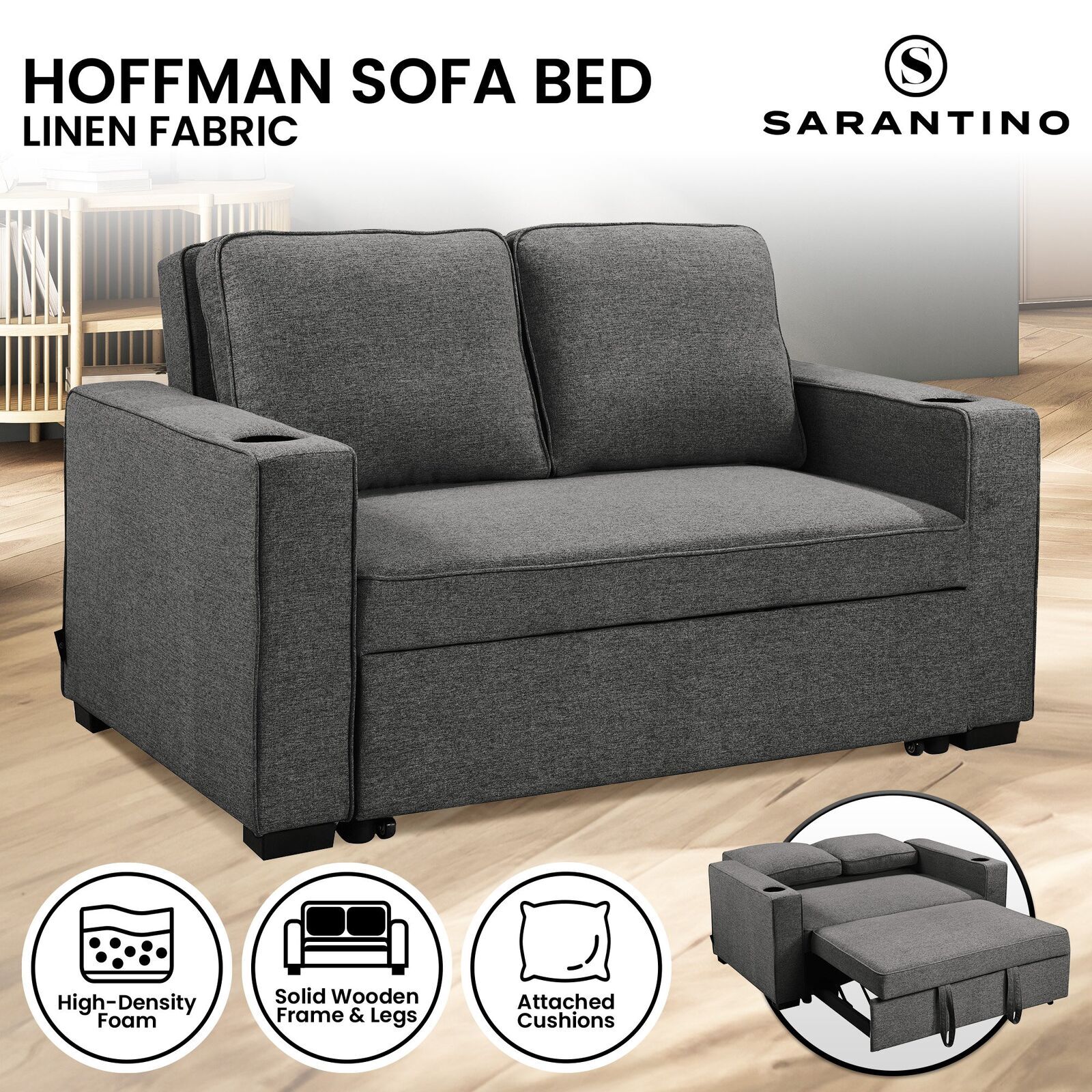 Sarantino Hoffman Linen Sofa Bed with Cushions and Cup Holders - Dark Grey Price