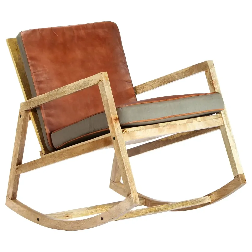 Rocking Chair Brown Real Leather and Solid Mango Wood Price