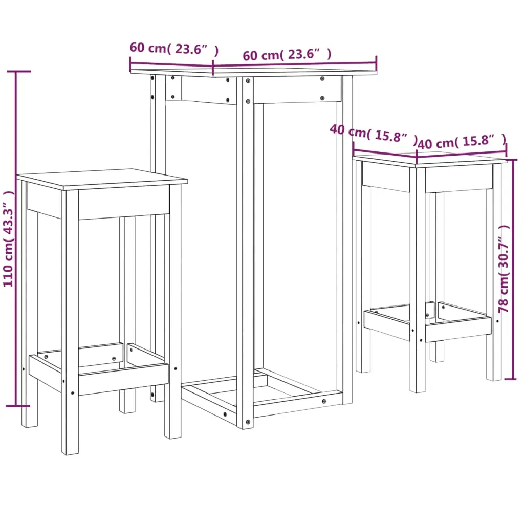 3 Piece Bar Set White Solid Wood Pine Price
