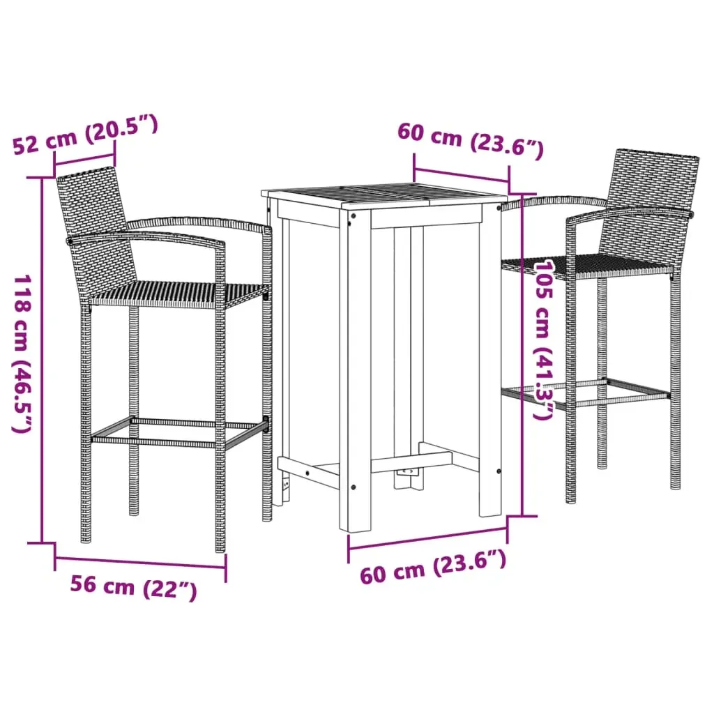 3 Piece Garden Bar Set Black Solid Wood Acacia and Poly Rattan Price
