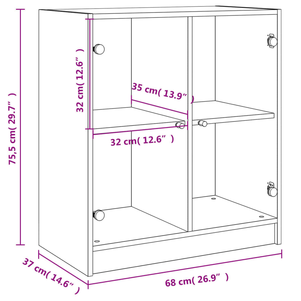 Side Cabinet with Glass Doors White 68x37x75.5 cm Price