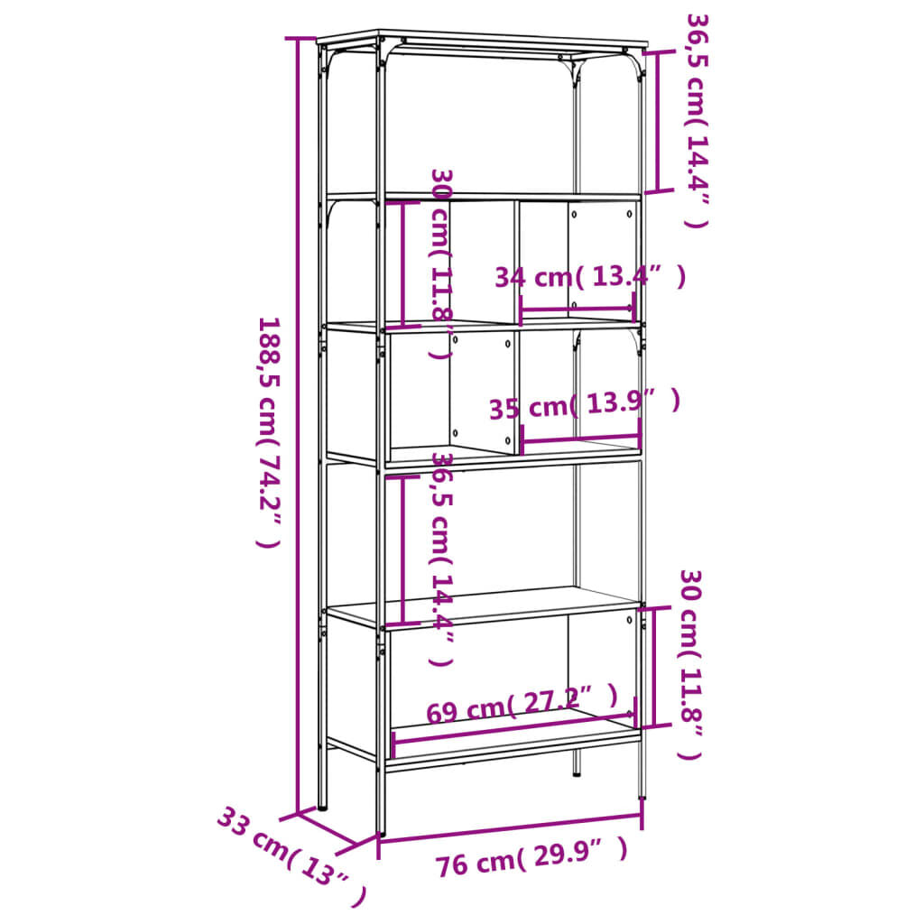 Bookcase 5-Tier Black 76x33x188.5 cm Engineered Wood Price