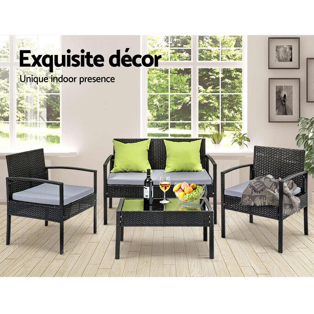 4 Seater Sofa Set Outdoor Furniture Lounge Setting Wicker Chairs Table Rattan Lounger Bistro Patio Garden Cushions Black Price