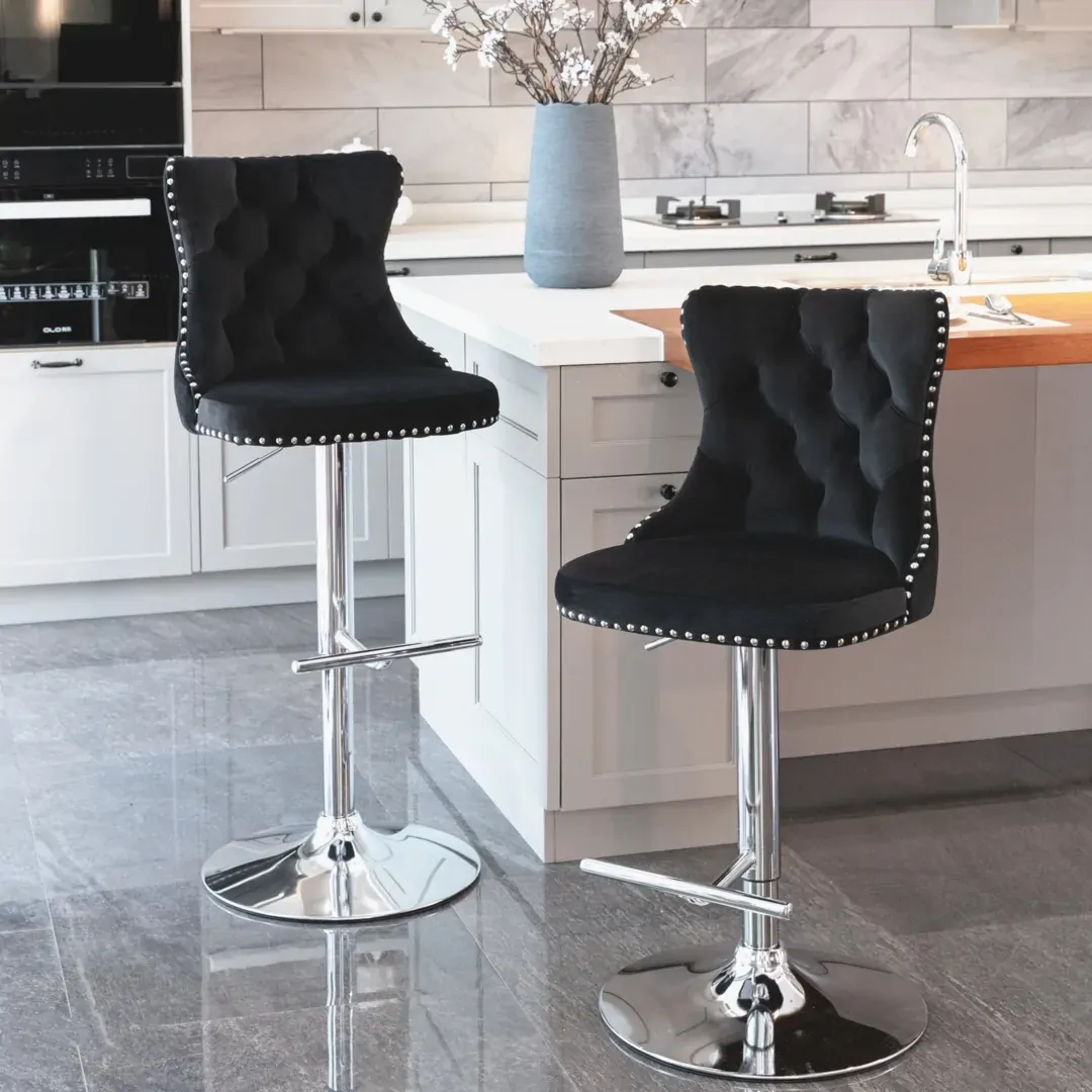 2x Height Adjustable Swivel Bar Stool Velvet Studs Barstool with Footrest and Chromed Base Price