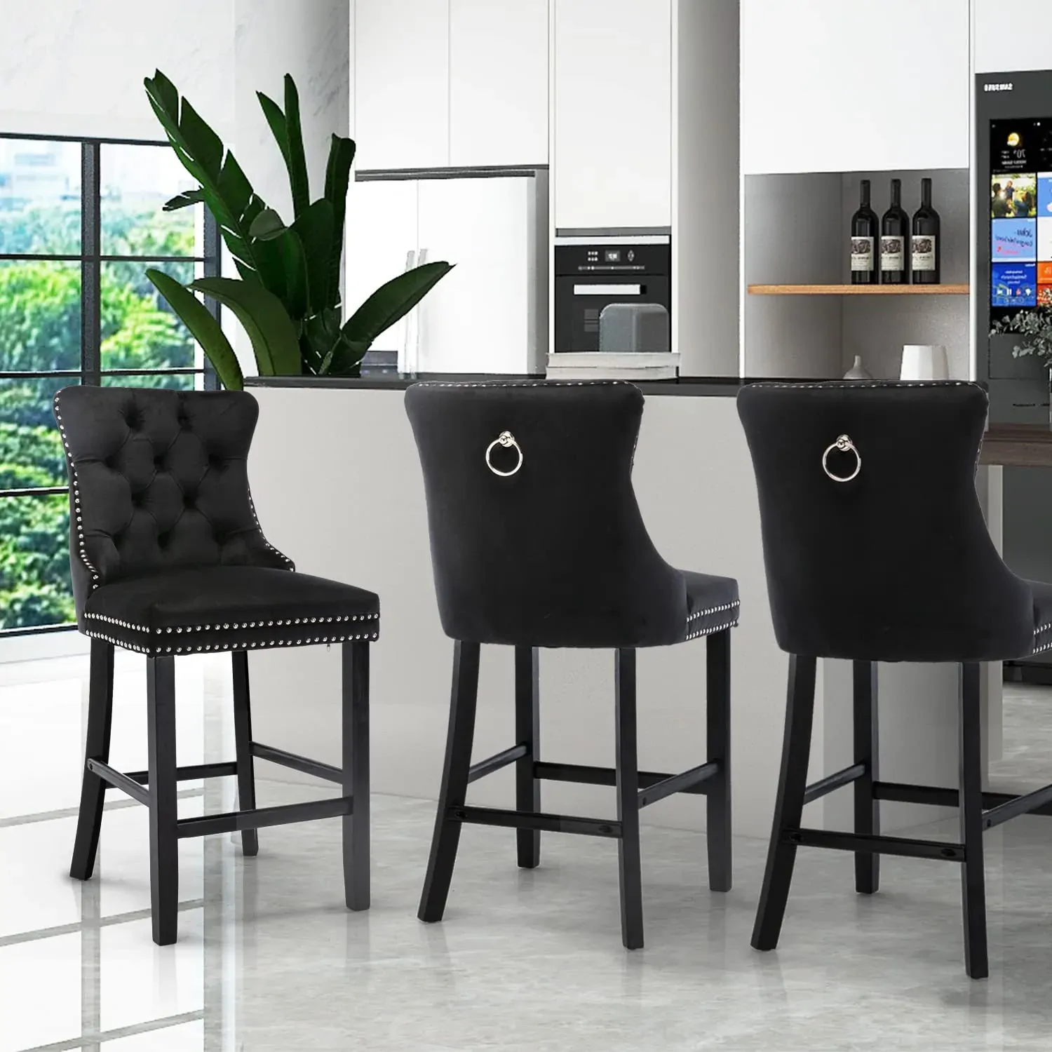 2X Velvet Bar Stools with Studs Trim Wooden Legs Tufted Dining Chairs Kitchen Price