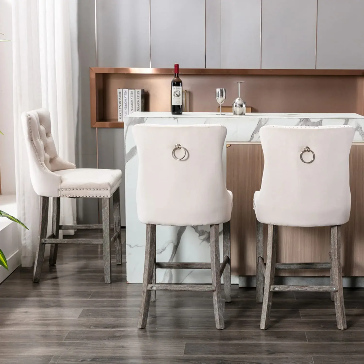 6X Velvet Bar Stools with Studs Trim Wooden Legs Tufted Dining Chairs Kitchen Price