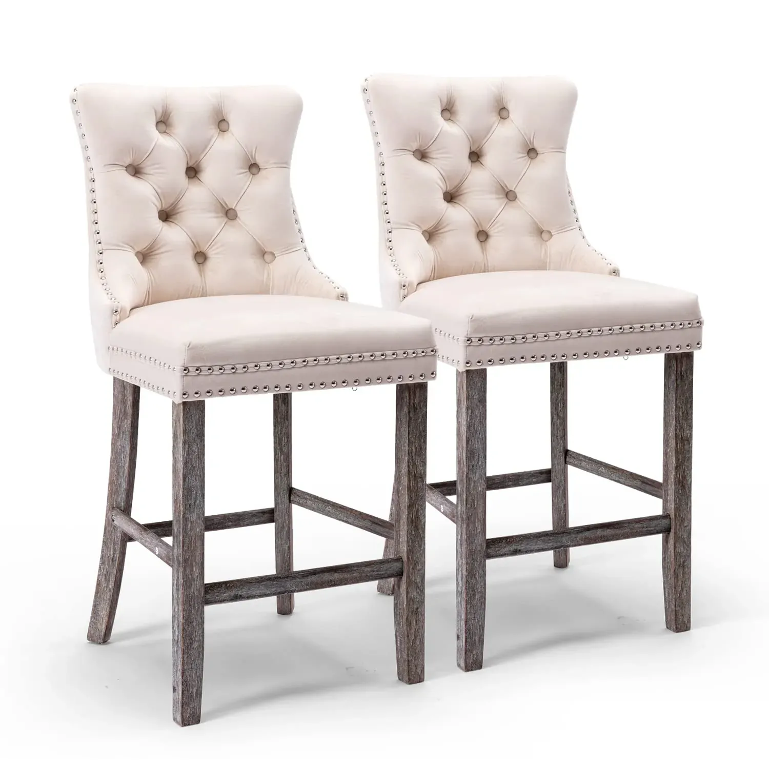 2X Velvet Bar Stools with Studs Trim Wooden Legs Tufted Dining Chairs Kitchen Price
