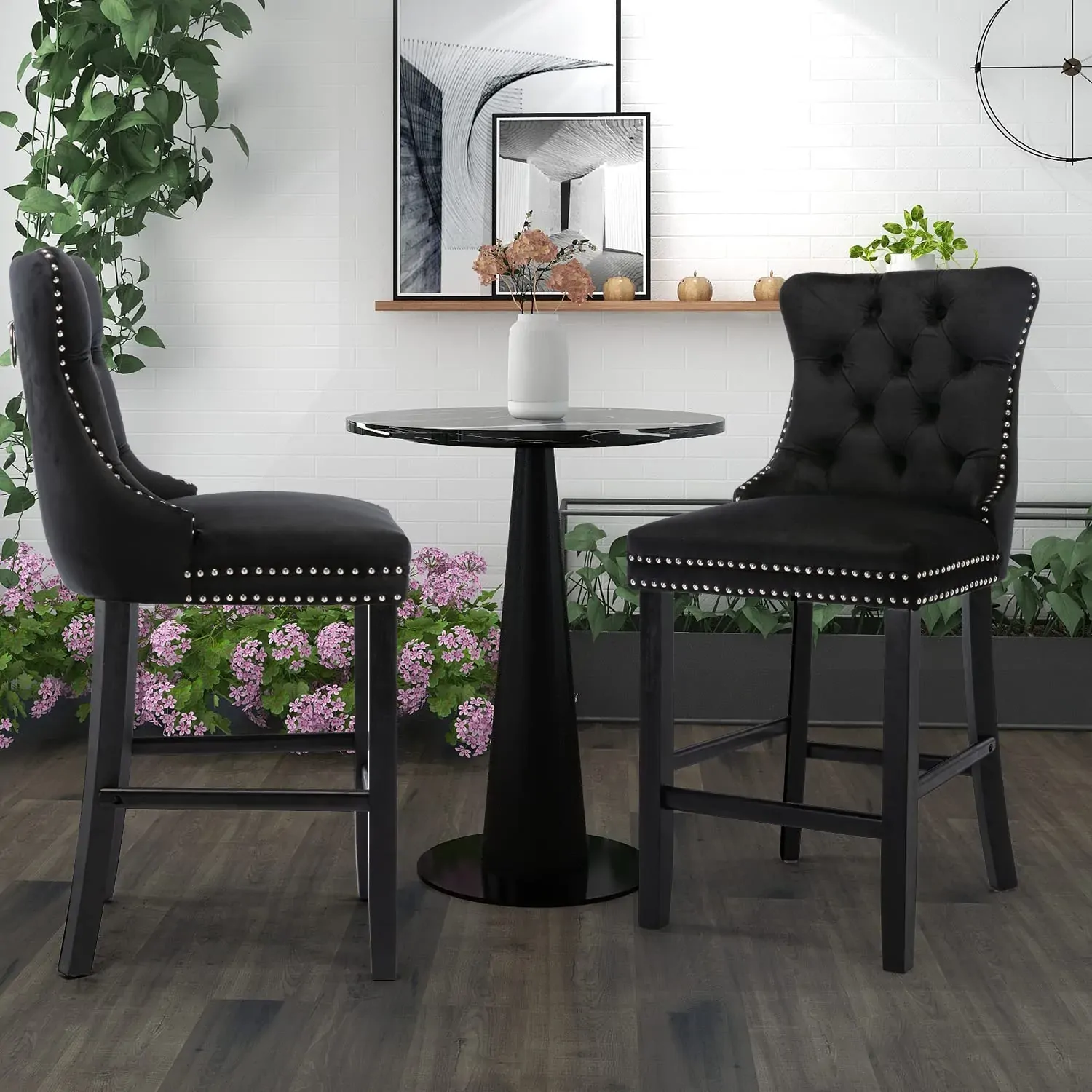 6X Velvet Bar Stools with Studs Trim Wooden Legs Tufted Dining Chairs Kitchen Price
