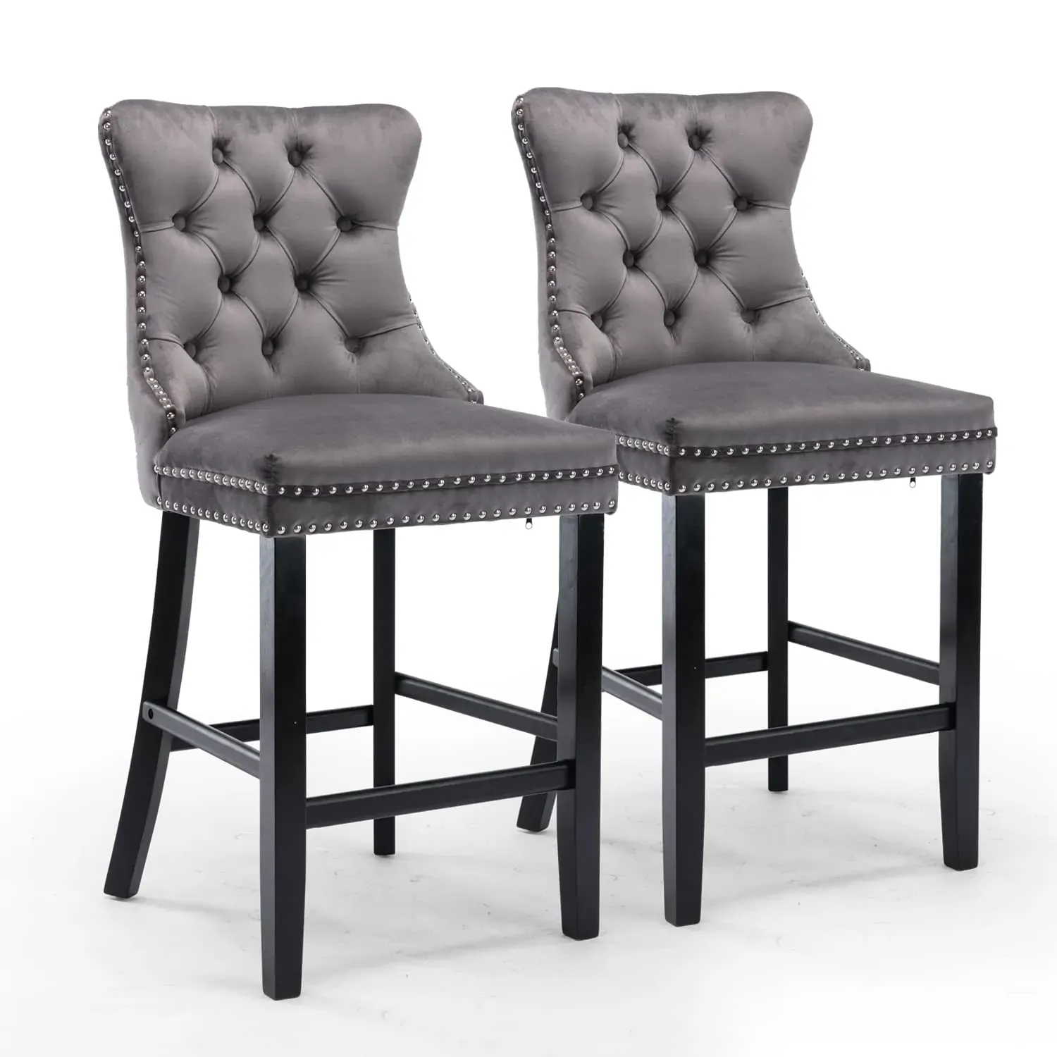 4X Velvet Bar Stools with Studs Trim Wooden Legs Tufted Dining Chairs Kitchen Price