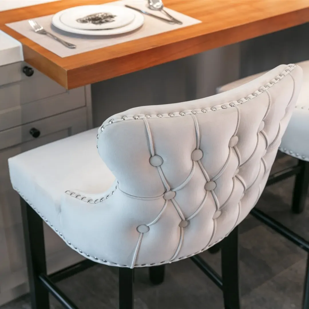 2x Velvet Upholstered Button Tufted Bar Stools with Wood Legs and Studs-Beige Price