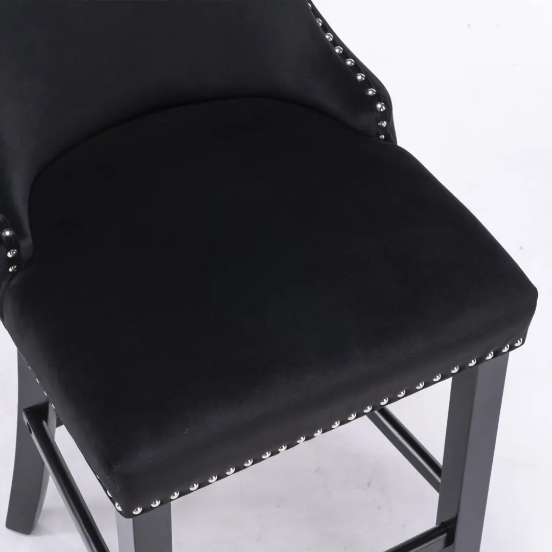 2x Velvet Upholstered Button Tufted Bar Stools with Wood Legs and Studs-Black Price
