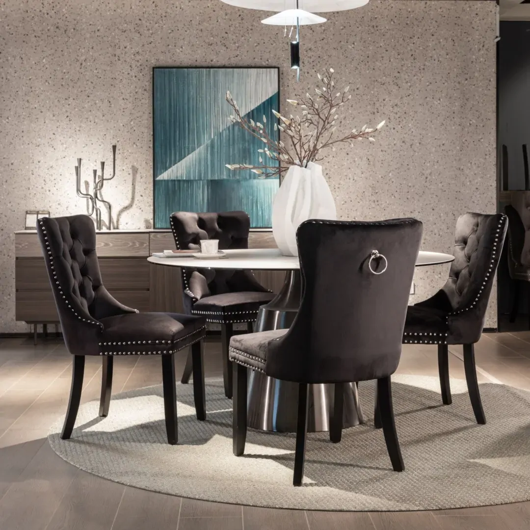 6x Velvet Dining Chairs Upholstered Tufted Kithcen Chair with Solid Wood Legs Stud Trim and Ring-Black Price